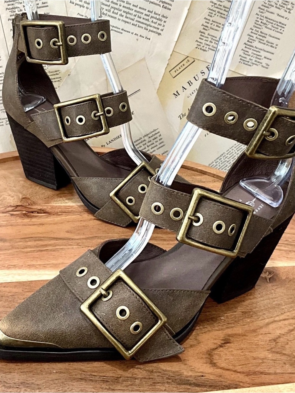 Free People Jeffrey Campbell Hendrix Heels Olive Brown Distressed Leather